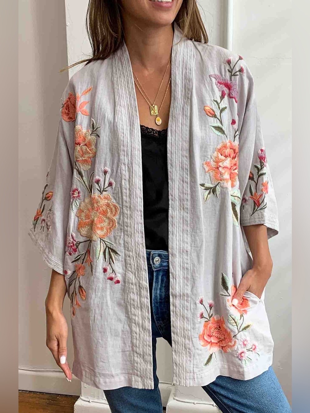 Johnny Was Vienna Linen Kimono Embroidered Size Large